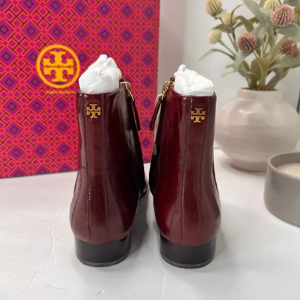 Tory Burch Lila 25mm Eel Leather Bootie Side Zip Wine Women's 5.5M NWB